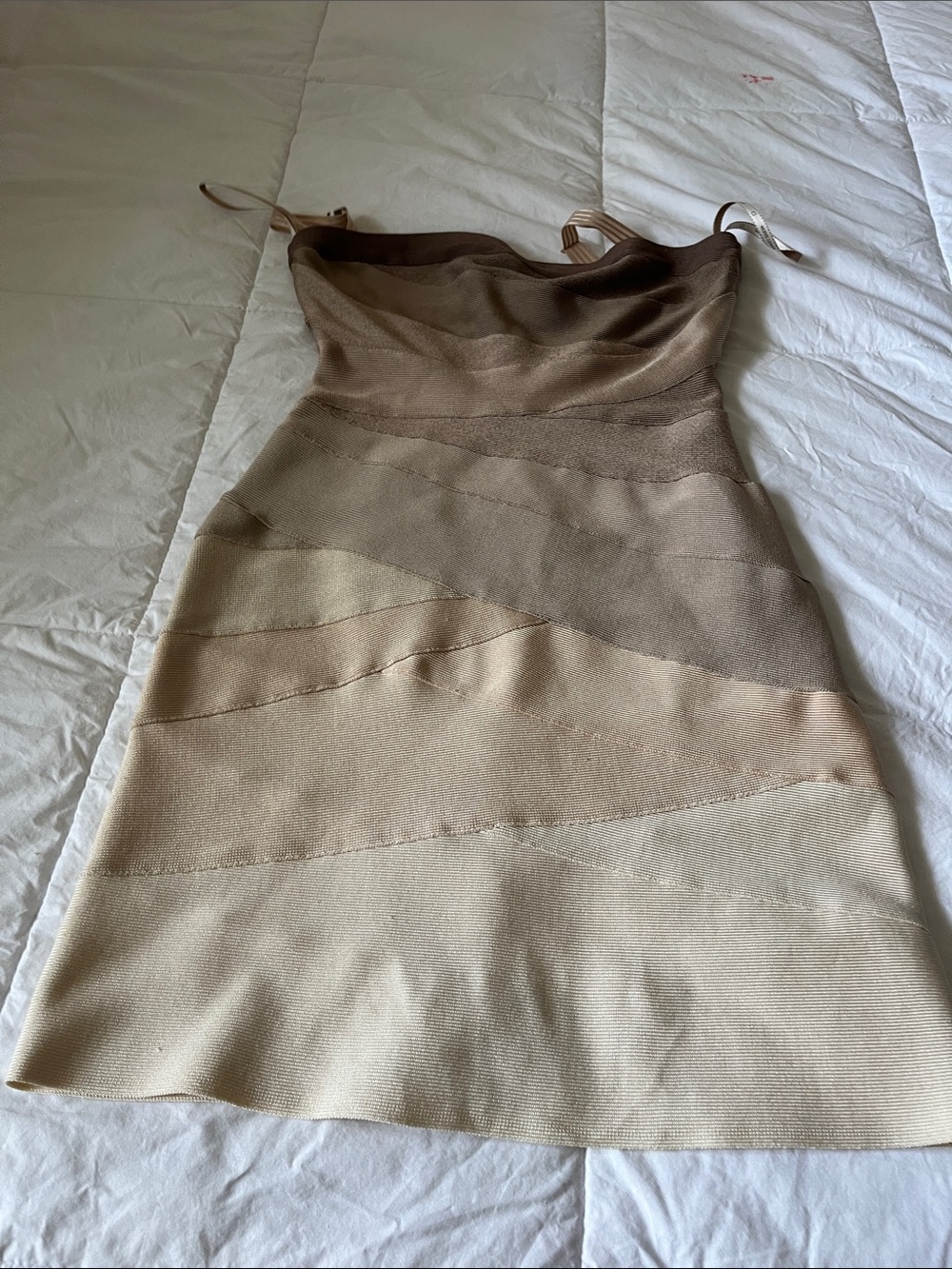 Herve Leger Taupe and Cream Bandage Mini Dress